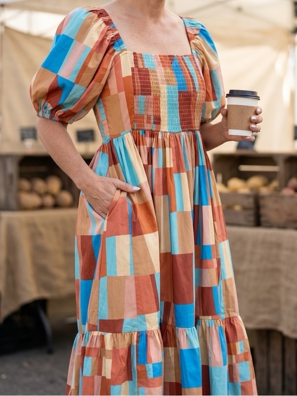 Peach Love California Multicolor Patchwork Maxi Dress in Orange, Blue, Cream